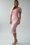 Fitted striped midi dress with a square neckline and short sleeves with gentle pleating"Pink"