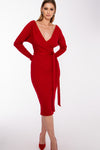 prążkowana sukienka midi wyszczuplająca sylwetkę z kopertowym dekoltem "Red"