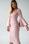 Pink well fitted ribbed dress with round neckline and flared sleeves "Pink"