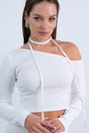 asymetryczna krótka bluzka damska z prążkiem z wiązaniem na szyi "Ecru"
